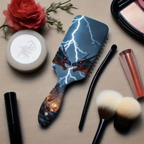 item picture 1pc dragon design hair brush with lightning effects blue red dragons durable nylon bristles ergonomic handle for scalp massage detangling portable travel comb for all hair types daily use sturdy construction 2d flat