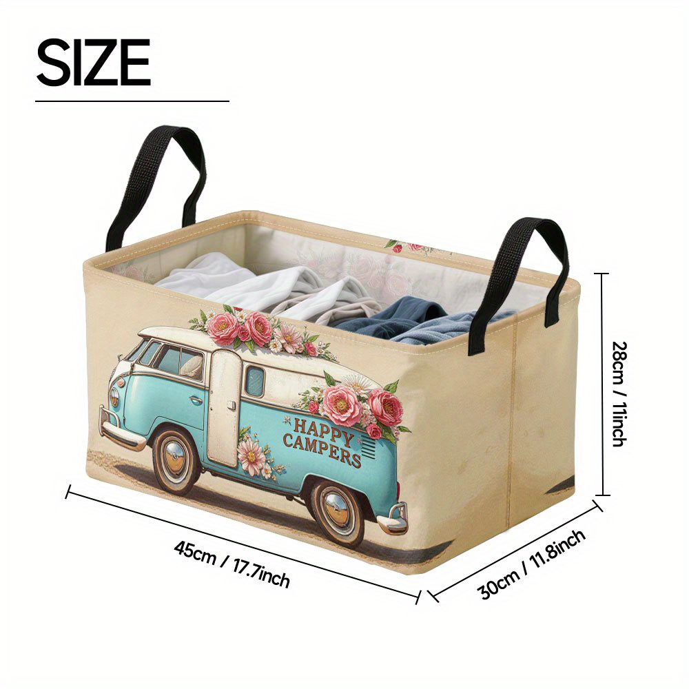 1pc, Extra Large Floral Van Pattern Foldable Bin, Square Oxford Storage With Metal Frame And Large Foldable Organizing Basket, Versatile For Clothes, Books, Car Trunk Packing And Storage