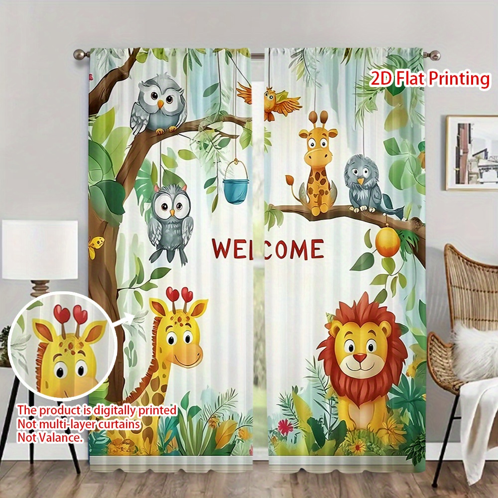 2 cortinas con estampado de animales del zoológico, bosque y granja - Tema de jungla verde digital HD con búhos, jirafas, leones y loros, 100% poliéster, cortinas semitransparentes con bolsillo para barra para sala de estar, dormitorio, estudio, lavables a máquina, cortinas de vida silvestre, ventana de estudio