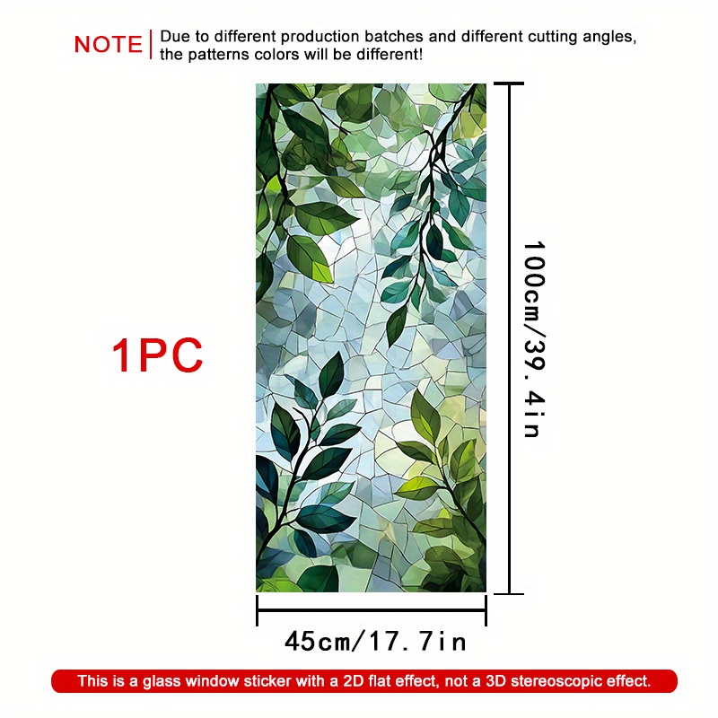 TEMU 1pc 1pcs Green Leaf Frosted Window Film Suitable For Minimalist Privacy Covering, Static Cling Pvc Panel With Static For Doors & - Easy & Stick,