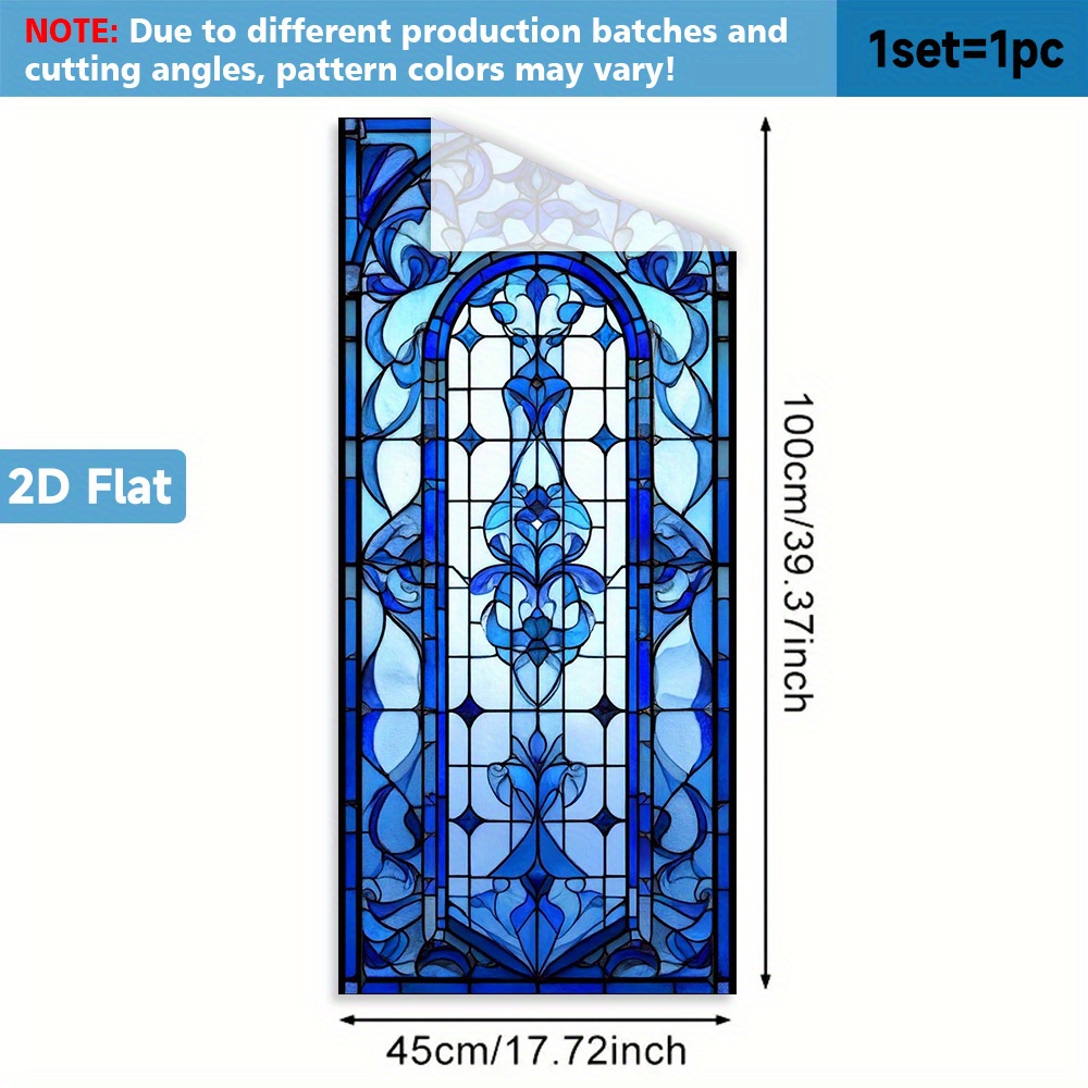 TEMU 1 pièce. Film adhésif PVC pour vitre avec motif vitrail bleu 2D, 45x100 cm. Décoration Homeart, réutilisable, protection de l'intimité, facile à