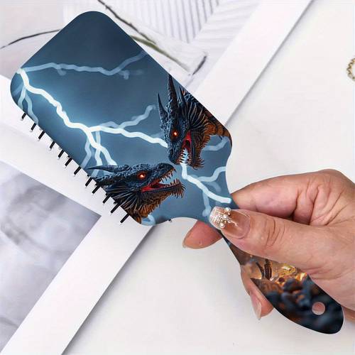 1pc dragon design hair brush with lightning effects blue red dragons durable nylon bristles ergonomic handle for scalp massage detangling portable travel comb for all hair types daily use sturdy construction 2d flat