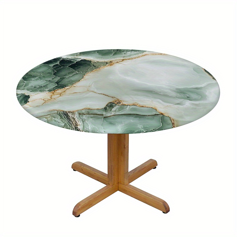 TEMU 1pc Elastic Round Tablecloth, Tablecover, With Elastic Band At Bottom, 2d Elegant White And Green Marble Printed Pattern, Washable, Ideal For