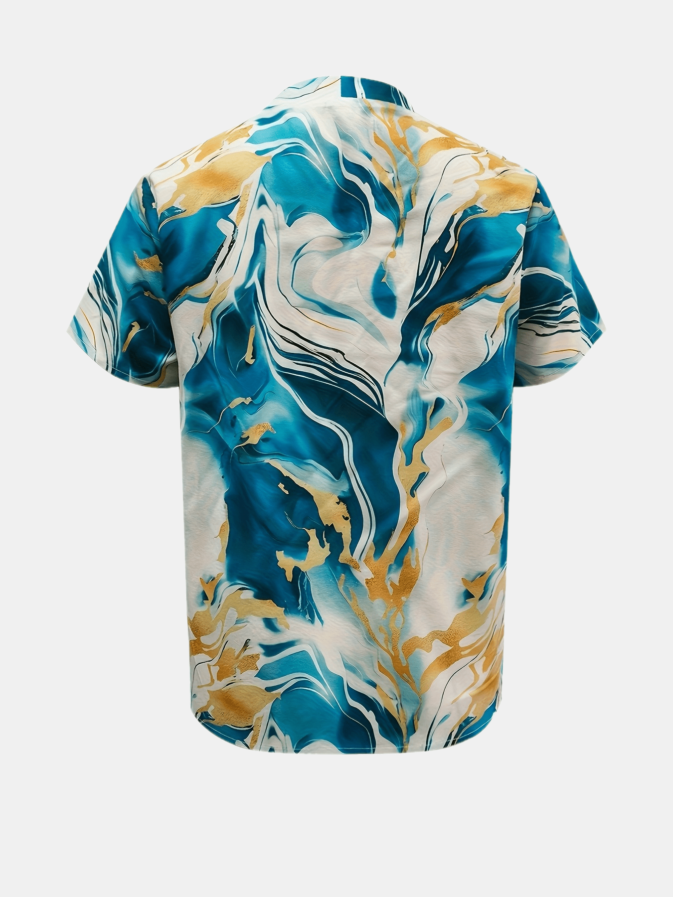 Camiseta Elegante de Manga Corta con Estampado Mármol para Mujer - Top V-Neck Azul Lago y Geométrico Dorado, Blusa Ligera Profesional para Primavera/Verano, Lavable a Máquina, Ropa Casual y de Oficina, Moda Veraniega, Textura Sofisticada, Conjunto de Primavera, Construcción Duradera, Prenda Estilosa, Ropa Adulto