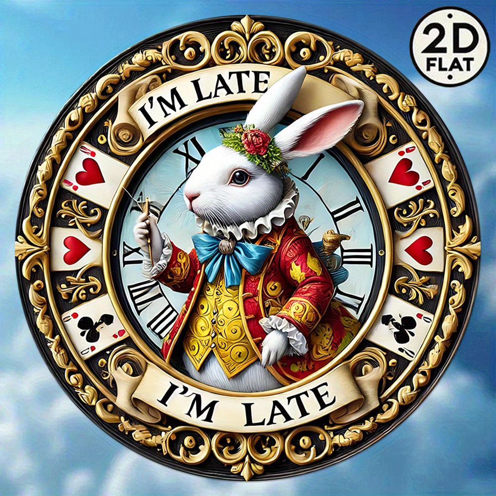 TEMU 2d Flat, 2d Plane, 2d Plane [2d Plane] Vintage 8x8 Round Metal Wall Hanging Decor, Featuring A White Rabbit Clock Night Scene Pattern With The