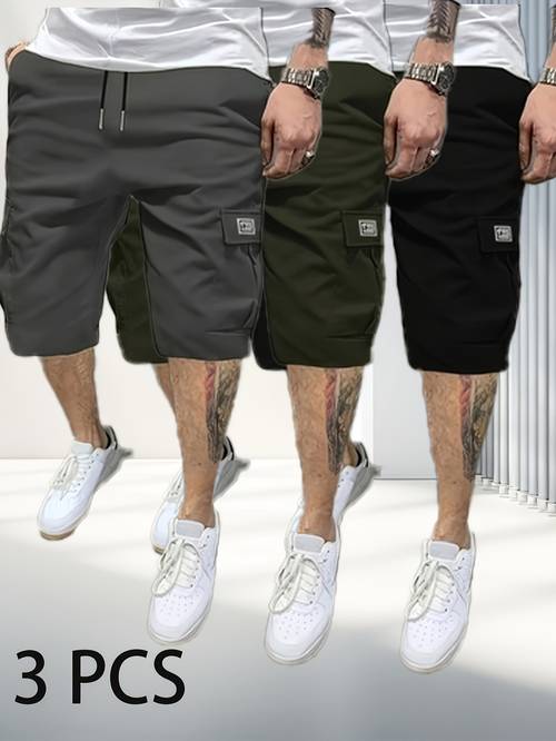 3pcs mens casual loose cargo shorts featuring large pockets and letter prints machine washable non stretch fabric street summer wardrobe essential