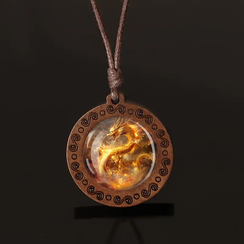 Image of Vintage Dragon Pendant Necklace - Adjustable Wooden Rope, Sparkling Golden- , Daily Wear & Gift , Unisex Style