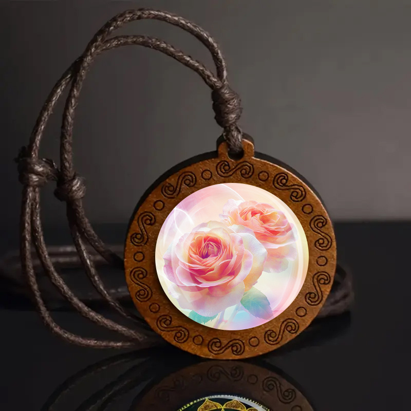 Dreamy Pink Rose Wooden Pendant Necklace, Adjustable Cord