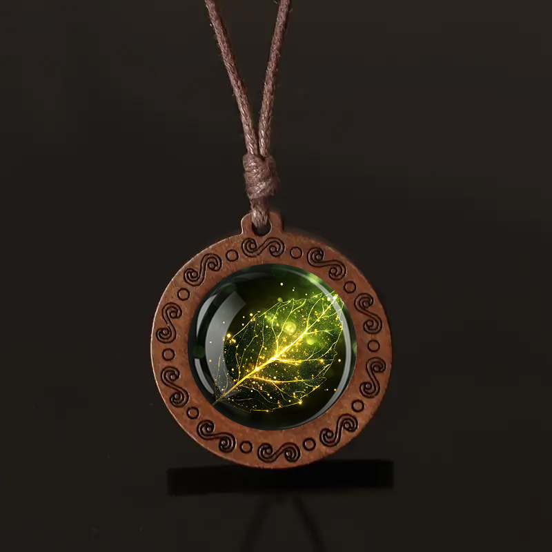 Image of Fluorescent Leaf Wooden Pendant Necklace, Unisex, Adjustable Cord, Suitable For Daily Wear And Holiday Gifting