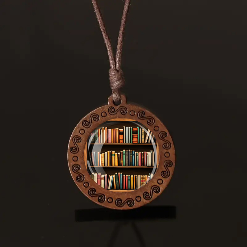 Image of Vintage Bookshelf Pendant Necklace - Adjustable Brown Cord With Colorful Wooden Bookshelf Design, Ideal For Everyday Wear Or Gifting, Boho-chic Style, Glass-embellished, Wooden Necklace