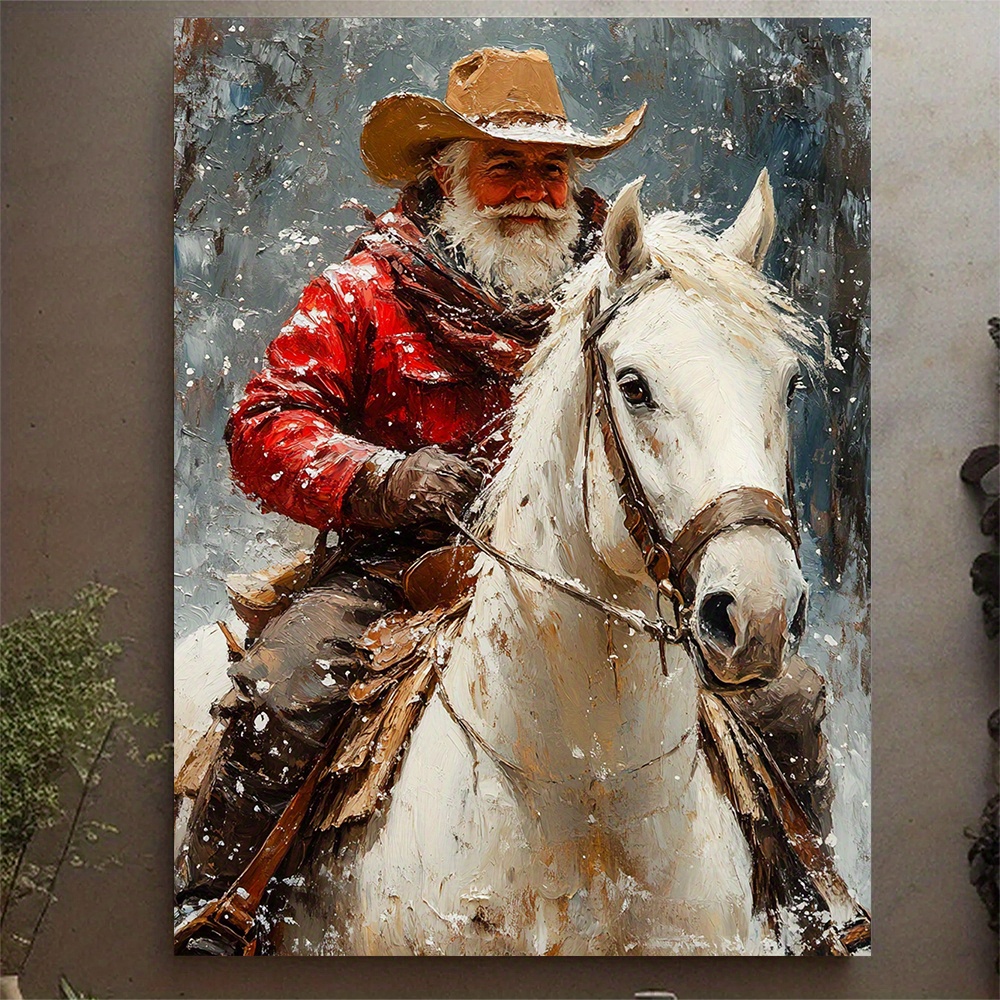 TEMU 2d Flat, 2d Flat 1pc Vintage Denim Santa Riding White Horse Canvas Art, Unframed - 30.48x40.64cm Vintage Western Christmas Wall Decor, Canvas,