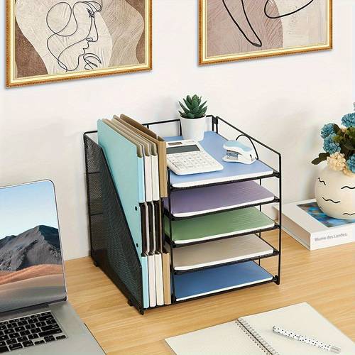 5-stufiger metall-papierbriefkorb-organizer mit aktenhaltern & mesh-körben – pulverbeschichteter schwarz-schreibtischorganisator für bürobedarf, heim- und arbeitsplatzorganisation, stabile konstruktion