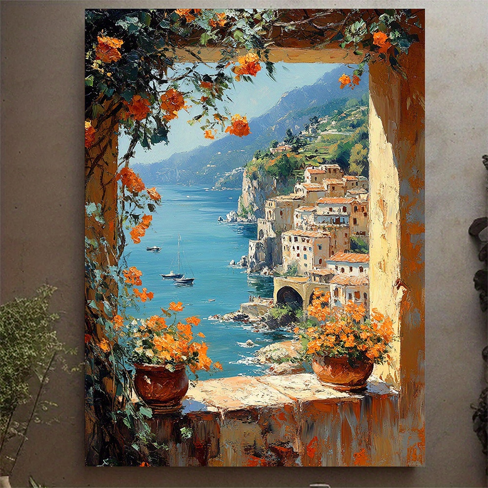 E-shop 1 Stück Mediterraner Fensterblick Leinwandkunst - 30,48x40,64 cm Amalfiküste Gemälde, Italienische Küsten-Wanddekoration, Toskanischer