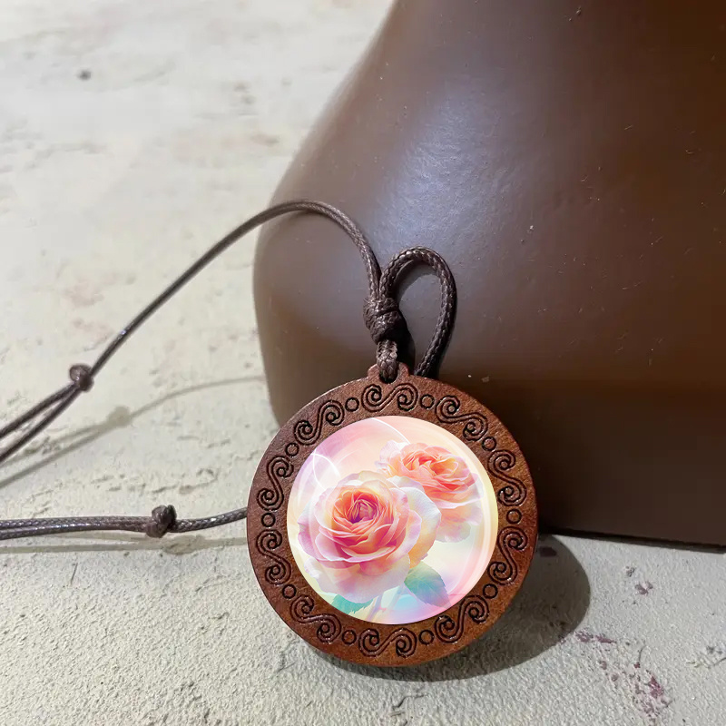 Dreamy Pink Rose Wooden Pendant Necklace, Adjustable Cord