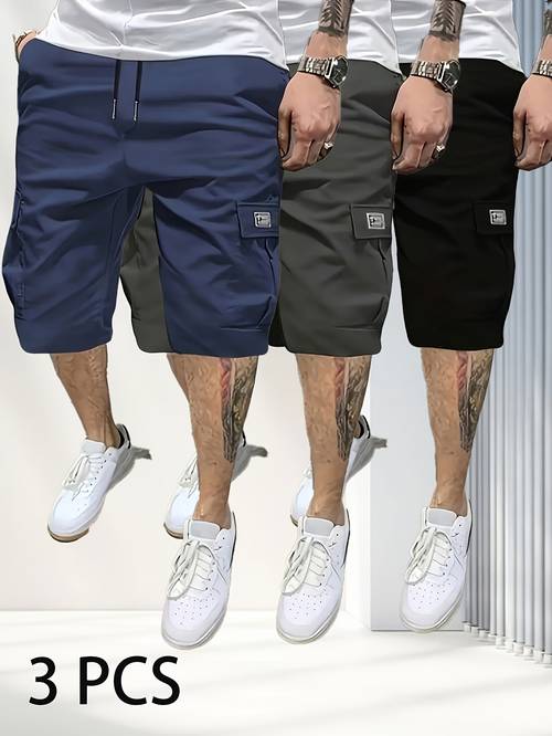 3er-pack herren cargo shorts im lässigen stil - mit großen und buchstabenprints, maschinenwaschbarer, nicht dehnbarer stoff, strapazierfähiges design, outdoor-stil, street fashion, sommer-essential