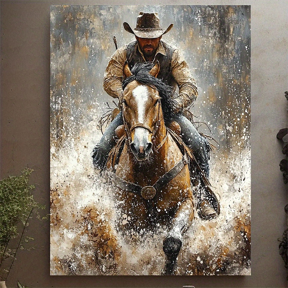 TEMU 1pc Rustic Western Cowboy Canvas Art, 12x16 Inch, Framed, Wild Horse Rider With Of Dust, Action Scene, Wooden Frame, Hook Mount, 3g5191g1401,