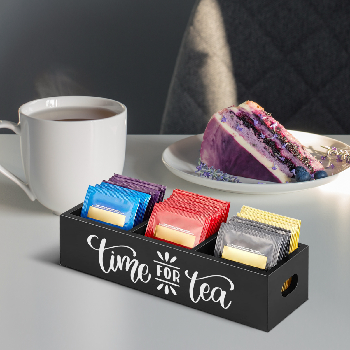 TEMU 1 Organisateur de sachets de thé en bois avec 3 compartiments - , Desktop Storage Bin pour sachets de thé, sachets de café, sachets de sucre,
