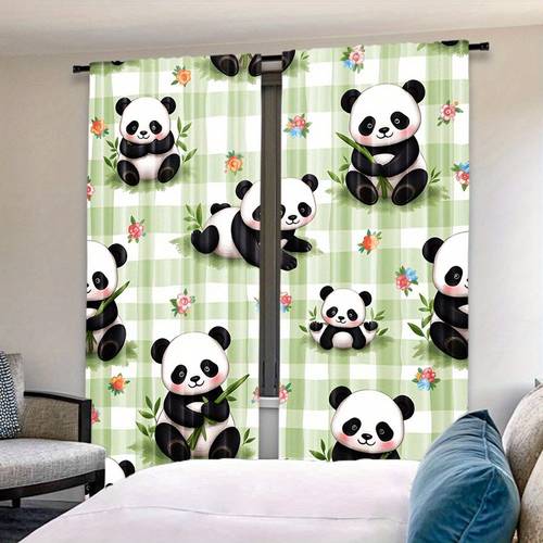 2pcs panels cute panda floral gingham curtain semi filtering rod pocket window drapes suitable for holiday room machine washable polyester curtains