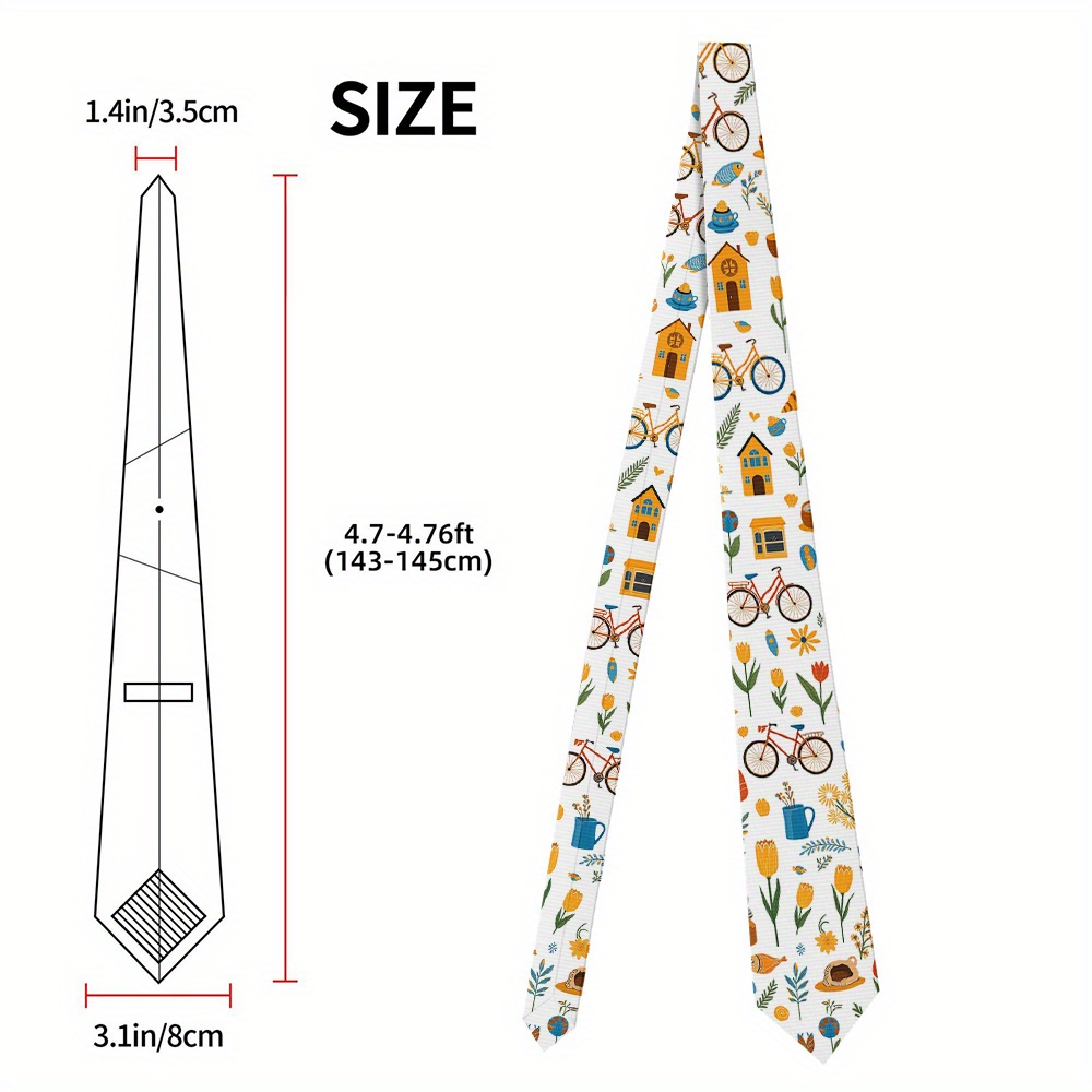 TEMU 1pc, 8cm Wide Printed Tie Fun Tie For Men With Bikes Tulips Cheese Print, Durable Polyester, Machine Washable, Printed Tie Ideal For Casual