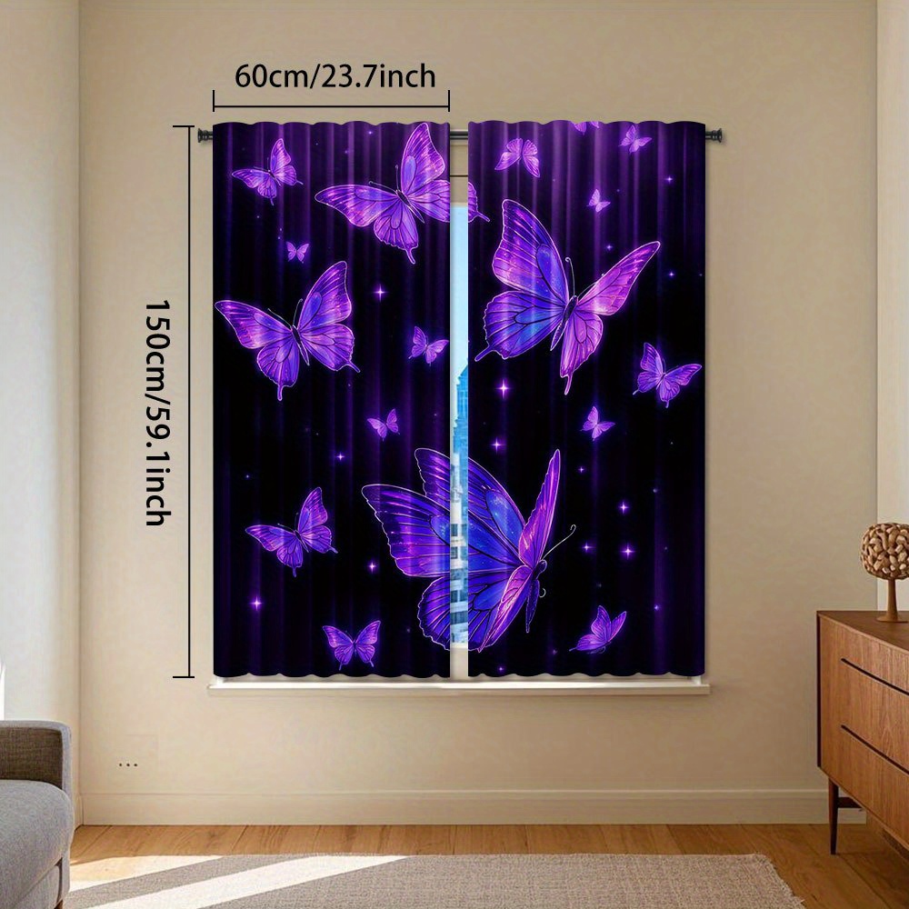 TEMU 2pcs Purple Print Curtains - Light Filtering Polyester, Rod , Vibrant & Starry Night Design For Bedroom, Living Room, Office - Home Decor,
