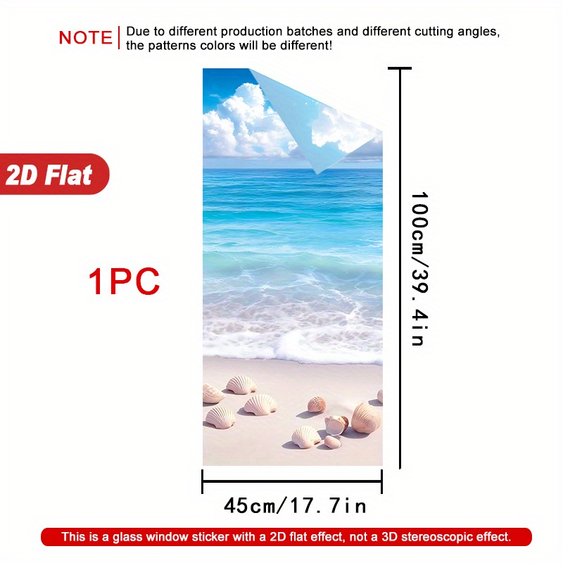 TEMU 1pc Beach Seashells And Ocean Waves 2d Window Film. Pvc Static Adsorption , 45x100cm. Decoration Removablereusableprivacy Protectioneasy To
