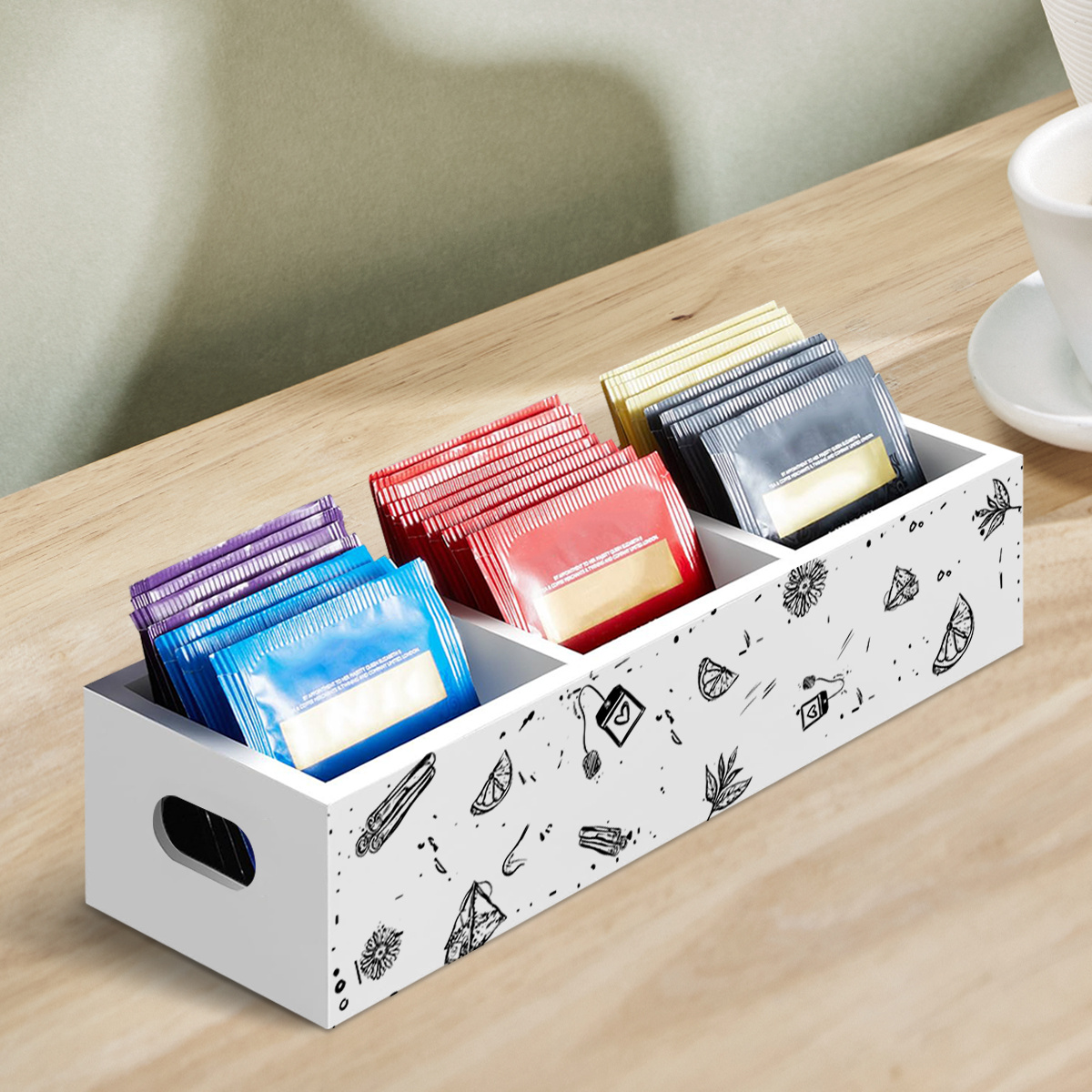 TEMU 1pc Wooden Tea Bag Storage Box With 3 Compartments -printed Design- , Not Waterproof, Rectangular Storage Box Countertop Sugar Bag And Tea Bag
