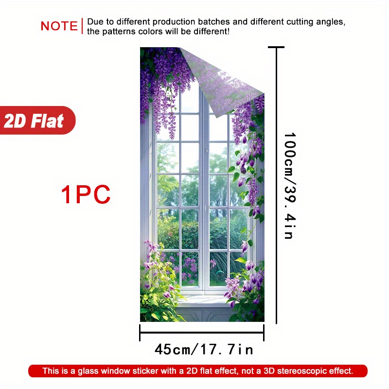 TEMU 1pc Window With Purple Flower Vines 2d Window Film. Pvc Static Adsorption , 45x100cm. Decoration Removablereusableprivacy Protectioneasy To