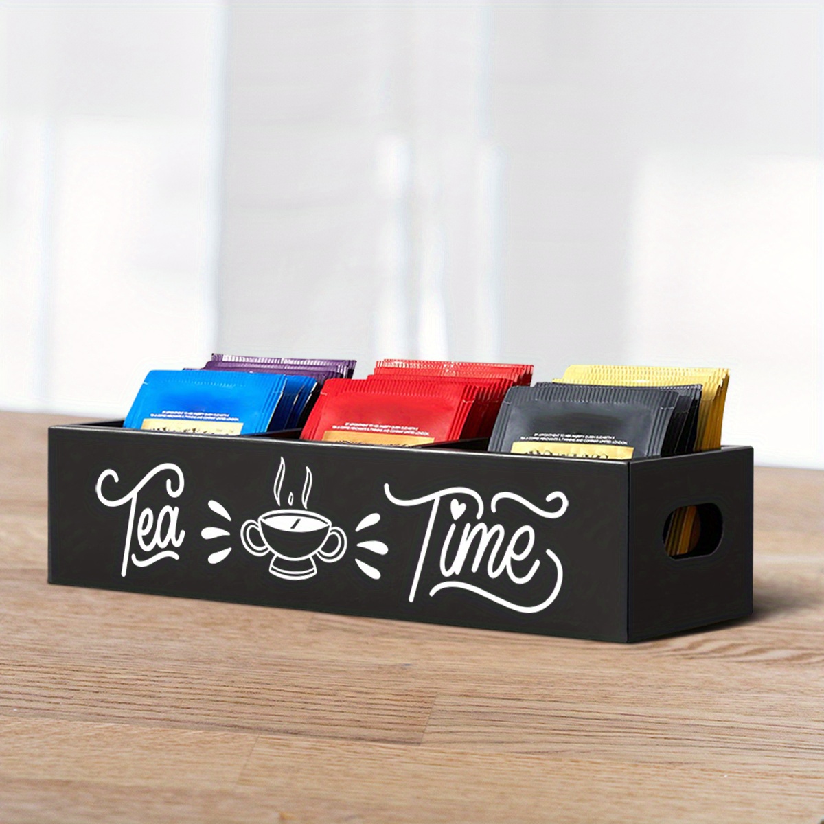 TEMU 1 Organisateur de Sachets de Thé en Bois avec 3 Compartiments - Boîte de Rangement Rectangulaire Ouverte - - Multifonction, Porte-Sachets de