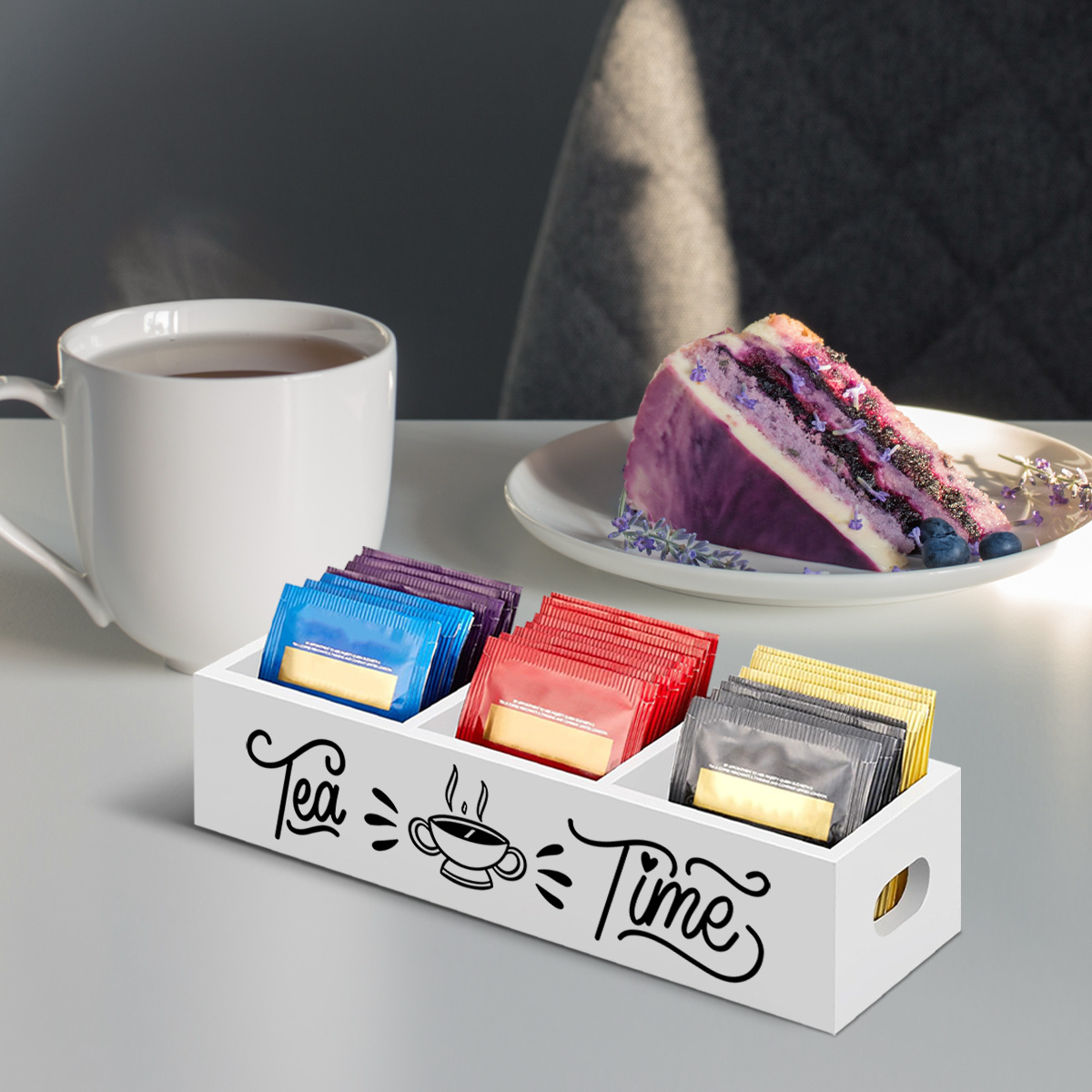 TEMU 1 Wooden Tea Bag Organizer With 3 Compartments Rectangular Open Storage Bin -- , Desktop Coffee Bag, Sugar Bag And Tea Bag Holder, No Power