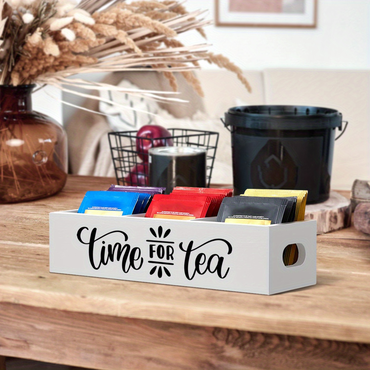 TEMU 1 Wooden Tea Bag Organizer With 3 Compartments - , Desktop Storage Bin For Tea Bags, Coffee Bags, Sugar Bags, No Power Required, Tea Storage
