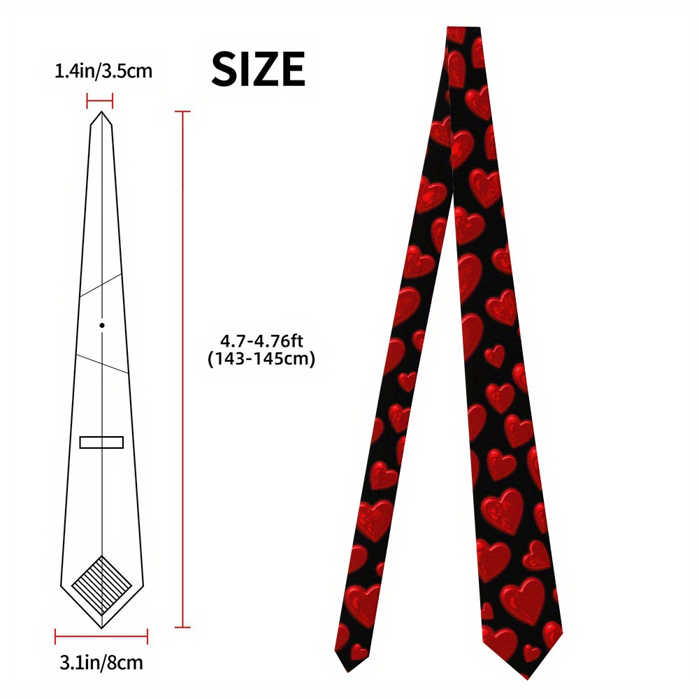TEMU 1pc Men's Romantic Red Hearts Print Tie - Soft Polyester 8cm Width, Machine Washable, Versatile For Weekend , Events, Spring & , Formal