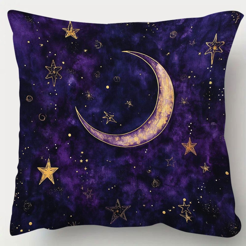 TEMU 1pc, Quirky Moon And Stars Universe Pillowcase, 17.8 X 17.8 Inches - Vibrant Deep Purple, Single-sided Print With Golden Stars And Design, Short