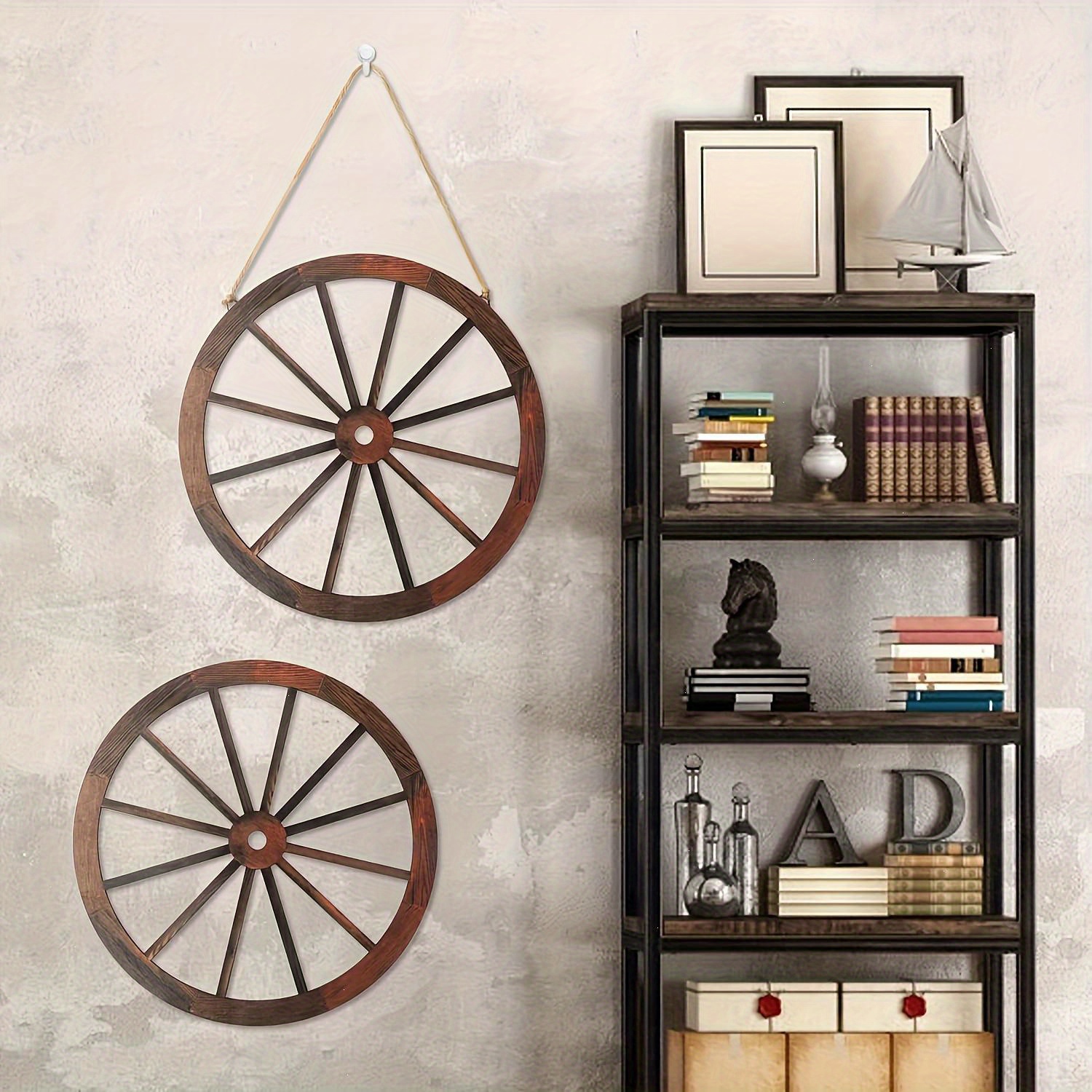 TEMU 2pcs Vintage Wooden Carriage Wheel Wall Decor - Rustic Western Cowboy Theme Artificial Wood Horizontal Hanging Plaque For Indoor Home Office,