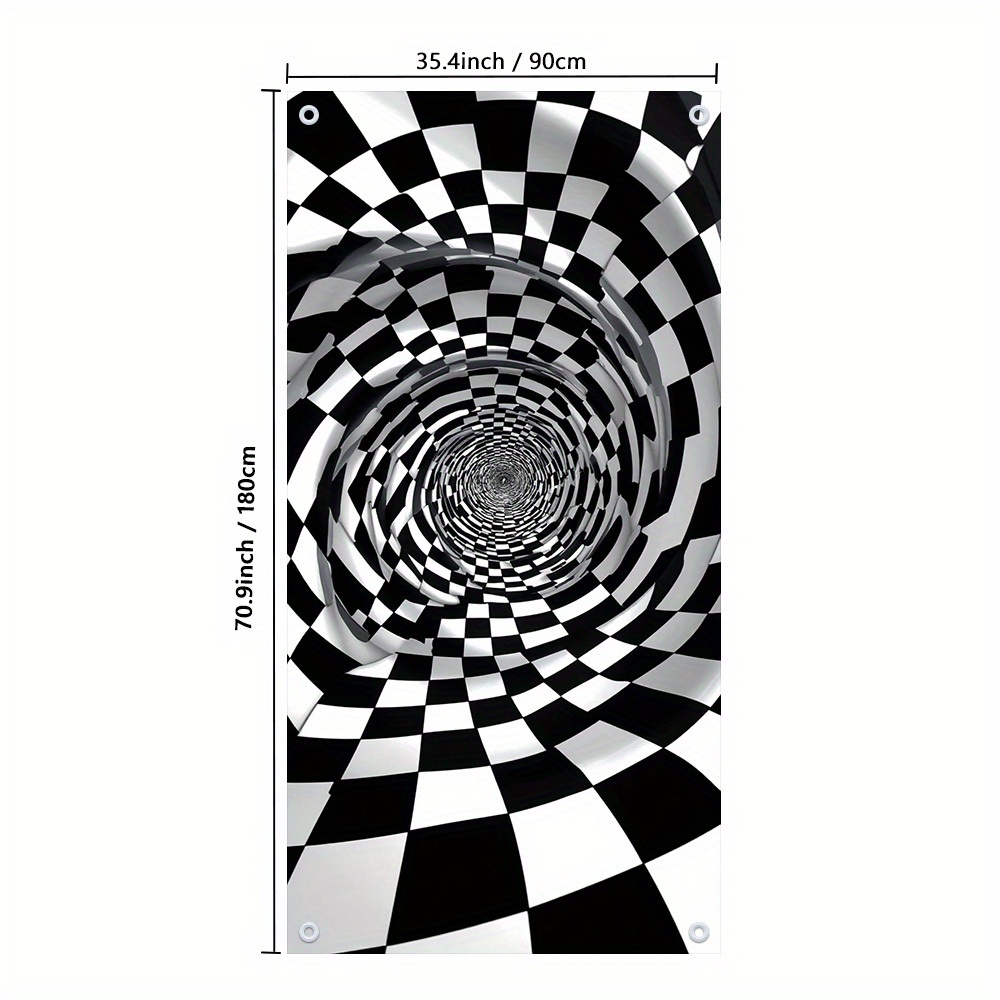 TEMU 2d Door Banner, 1pc Black And White Spiral Tunnel Optical Illusion Abstract Art Door Cover - Geometric Curved Square , Durable Polyester Porch