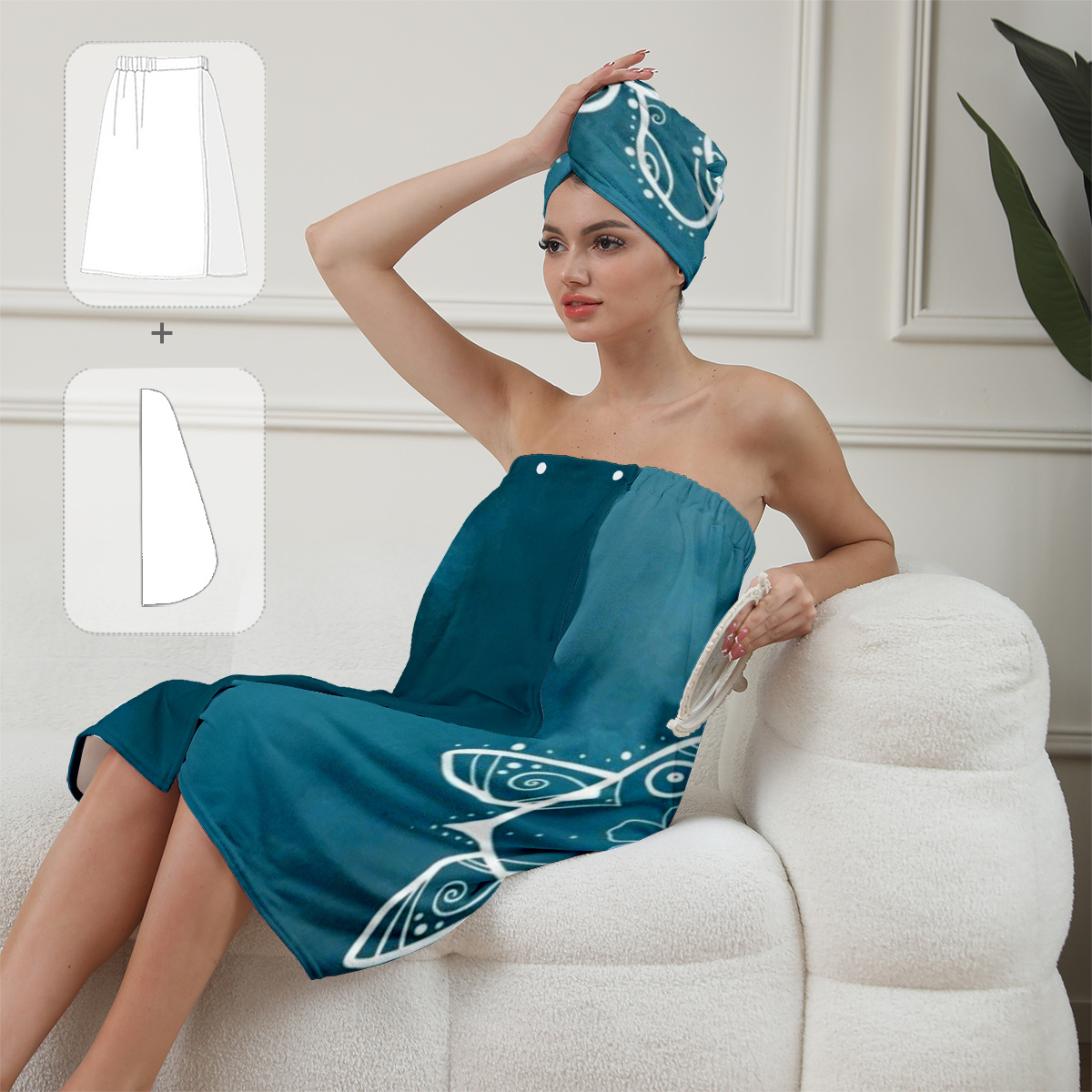TEMU 2-teiliges Ozean-Set mit Schildkrötenmustern, inklusive tragbarem Badetuch und Kopfband für Damen, ein Bademantel für Erwachsene mit Gummiband,
