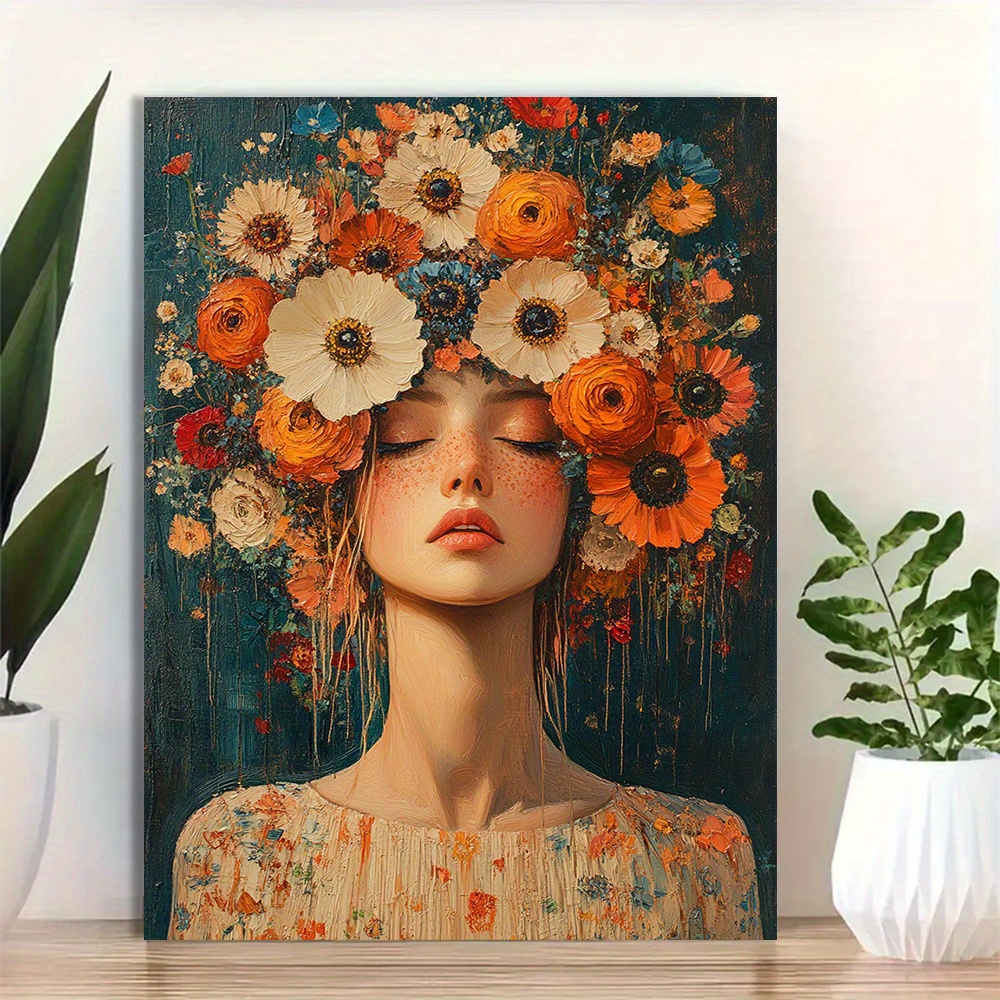 TEMU 2D , [2D ] 1 pieza de Impresión Artística de Cabeza de Mujer Floral - Póster de de 30.48x40.64cm, Cabeza de Mujer en Floración con Multicolor,