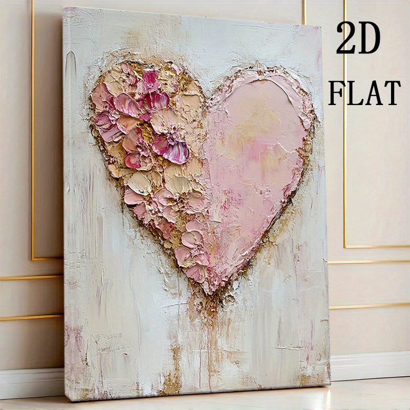 TEMU 2d Flat, 2d Flat, 1pc Large Heart-shaped Canvas Featuring Textured Pink And Beige Floral Designs, Incorporating Soft Pastel Shades Of Pink,