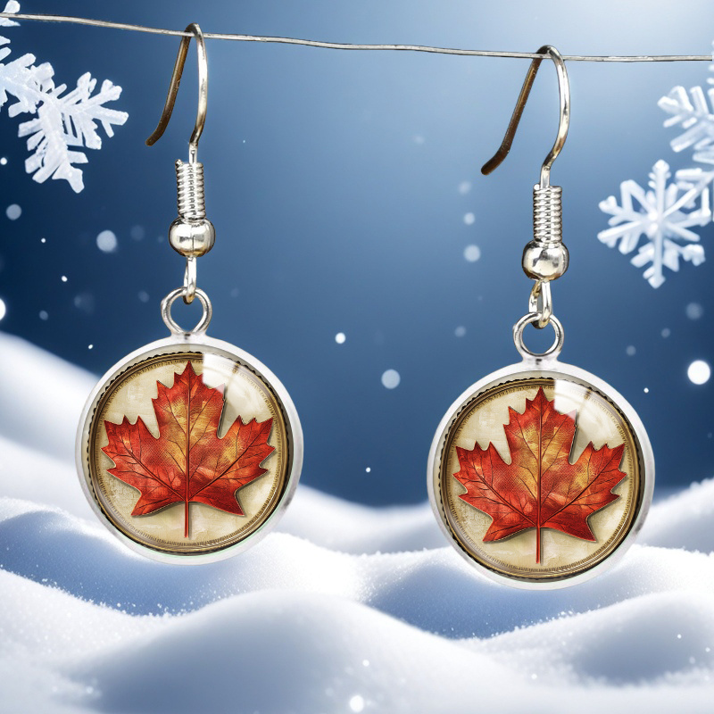 TEMU Boucles d'oreilles pendentif à monnaie de feuille de sapin vintage - Acier inoxydable avec incrustation de verre, style bohème pour femmes et