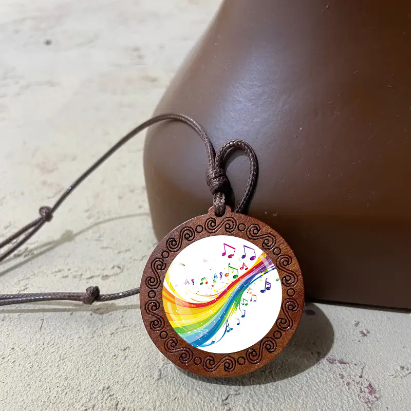 Rainbow Note Wooden Pendant Necklace, Unisex Gift