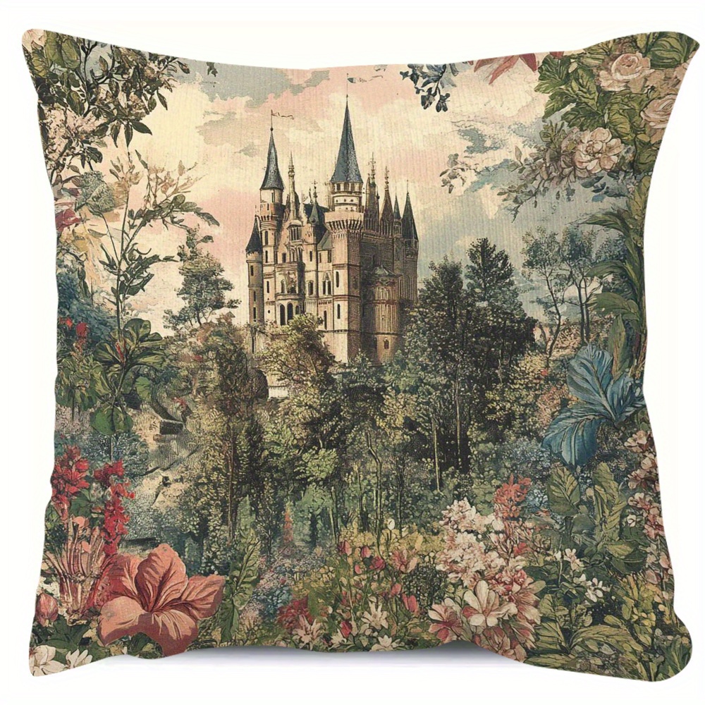 TEMU 1pc Castle & Pillow Cover - 18x18 Inch, Double-sided Short Plush, Zippered, Hand Wash Only - Ideal For Sofa, Living Room, Bedroom, Office Decor,