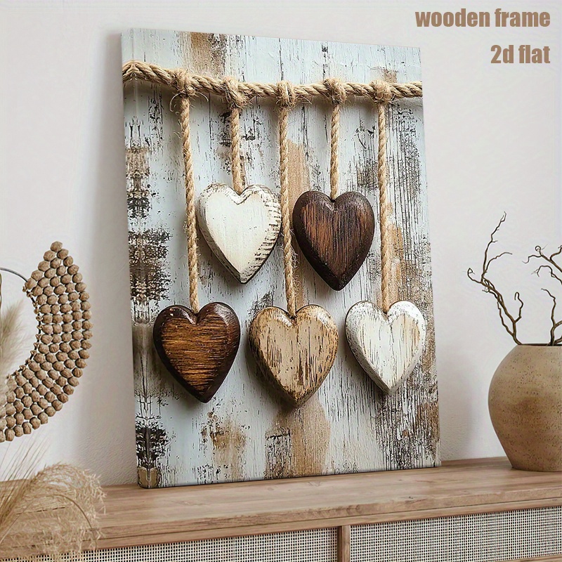 TEMU 2d Flat, 2d Flat, 1pc 2d Flat Art, 1pc A Wooden Frame Canvas Painting Featuring Rustic Wooden Heart Designs. Ideal For Living Rooms, Bedrooms,