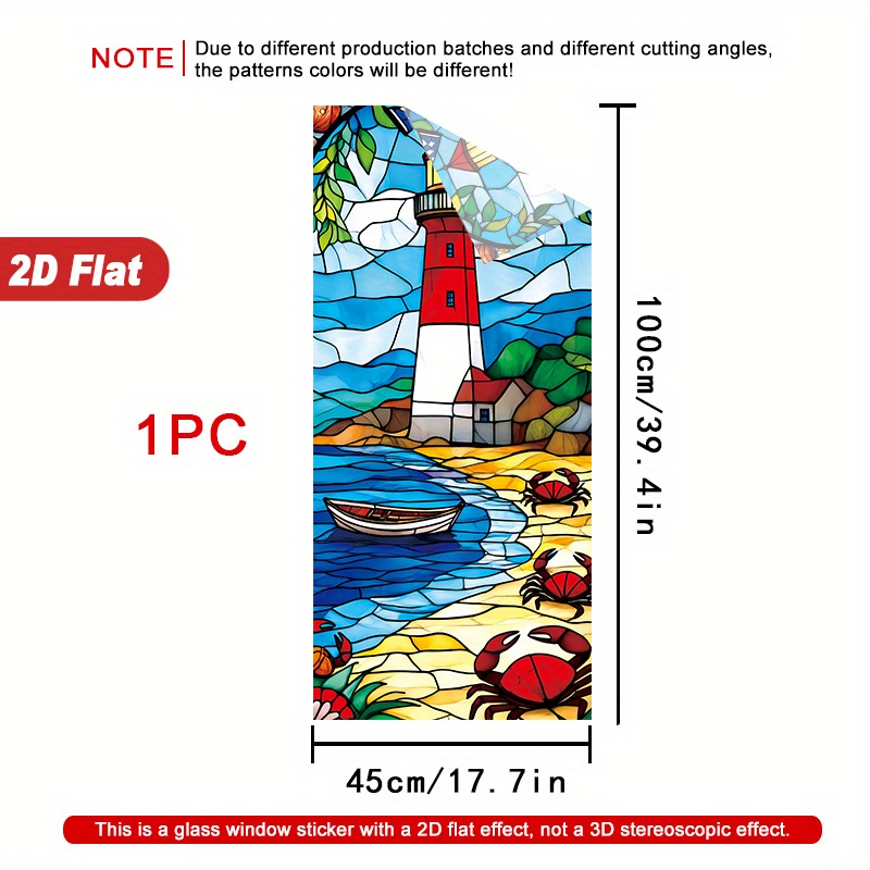 TEMU 1 Roll Of Vivid Stained Glass Lighthouse Scene 2d Frosted Pvc Window Film, 45×100cm, Electrostatic Adhesive Decorative Window Sticker For