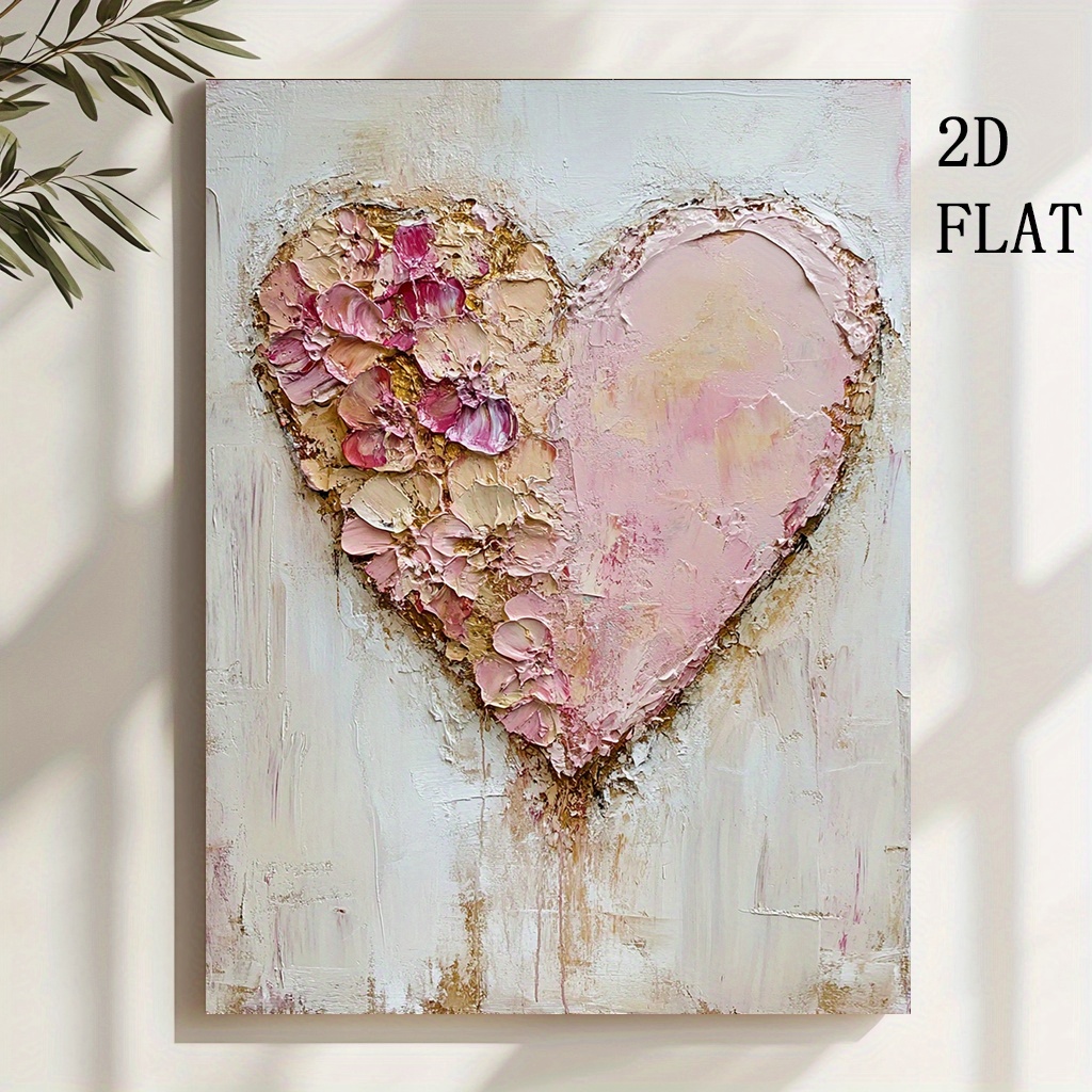 E-shop 2D Flache, 1 Stück Abstrakte Herzförmige Leinwand-Wandkunst mit Texturtem Rosa & Beigem Blumenmuster - Sanfte Romantische Pastellfarben in Beige