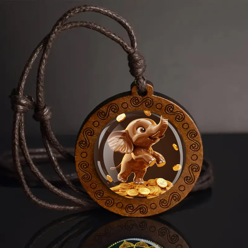 Image of Wood Elephant & Chocolate Chocolate Coin Pendant Necklace - Bohemian Retro Wooden Beads With Wood, Adjustable Cord Suitable For , Casual Attire, Or Anniversary Gift, Neutral