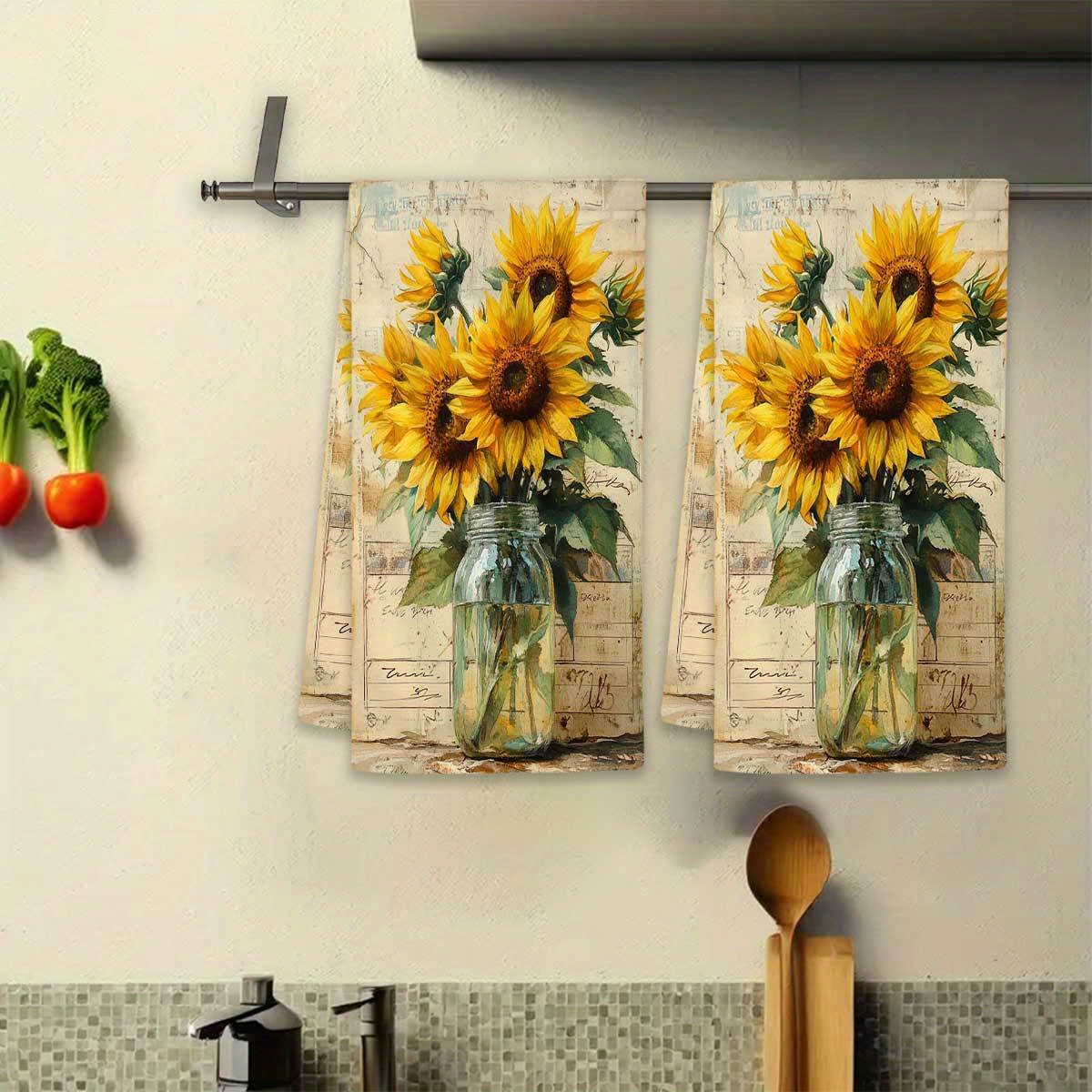 TEMU 2pcs Sunflower Vintage Art Pattern Kitchen Towels, Rustic Style Dishcloths Suitable For Cooking, Baking, Drying, And Cleaning, Reusable Bathroom