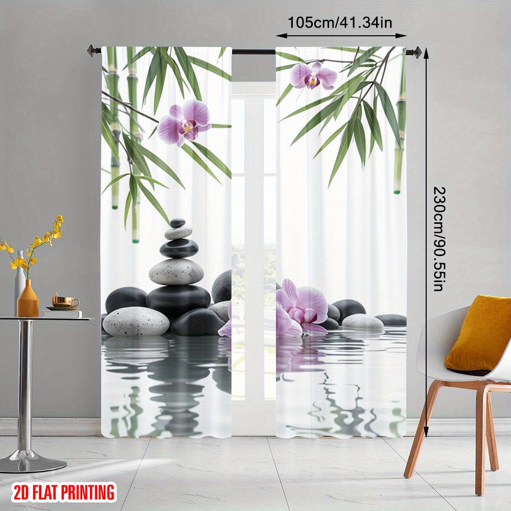 TEMU 2 rideaux imprimés Zen Serenity - Design paysager élégant avec orchidées et rochers, polyester semi-transparent, parfait pour l'hôtel, ou (mât