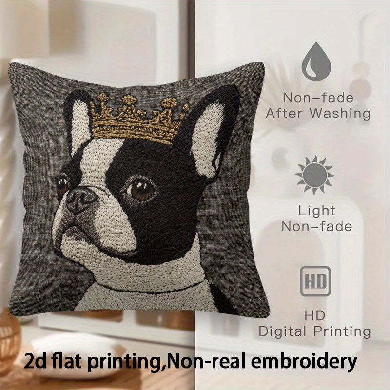 TEMU 2d Flat, 1pc French Bulldog Crown Plush Decorative Pillow Cover - Polyester, Non-realistic Embroidery, Hand Washable & Machine Washable, 45x45cm