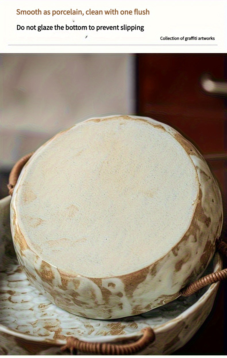 1pc Machi Double-Eared Bowl 20.32cm/25.4cm Thick Clay Dark Plate - Handmade Vintage Ceramic Fruit Bowl with Twine Handle, Retro Home Decor for Kitchen & Dining, Fruit Bowl for Kitchen, Decorative Kitchenware, Elegant Handle Design