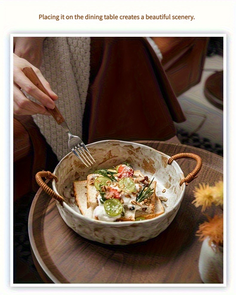 1pc Machi Double-Eared Bowl 20.32cm/25.4cm Thick Clay Dark Plate - Handmade Vintage Ceramic Fruit Bowl with Twine Handle, Retro Home Decor for Kitchen & Dining, Fruit Bowl for Kitchen, Decorative Kitchenware, Elegant Handle Design