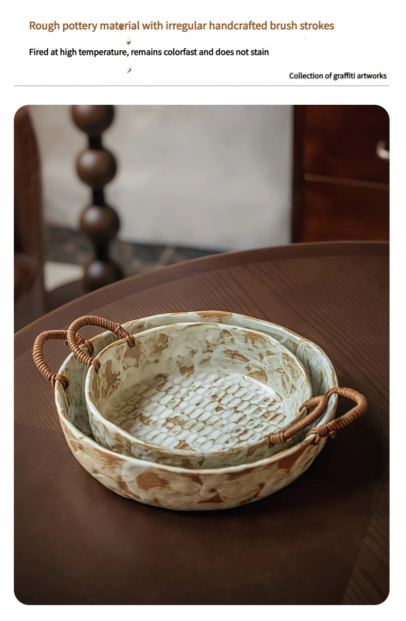 1pc Machi Double-Eared Bowl 20.32cm/25.4cm Thick Clay Dark Plate - Handmade Vintage Ceramic Fruit Bowl with Twine Handle, Retro Home Decor for Kitchen & Dining, Fruit Bowl for Kitchen, Decorative Kitchenware, Elegant Handle Design